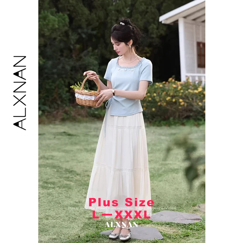 

ALXNAN Plus Size Women's Blue T-shirt Frayed Edges U-neck Shell Decor Pleated Waist Drawstring T-shirt Short Sleeve Tops D63023