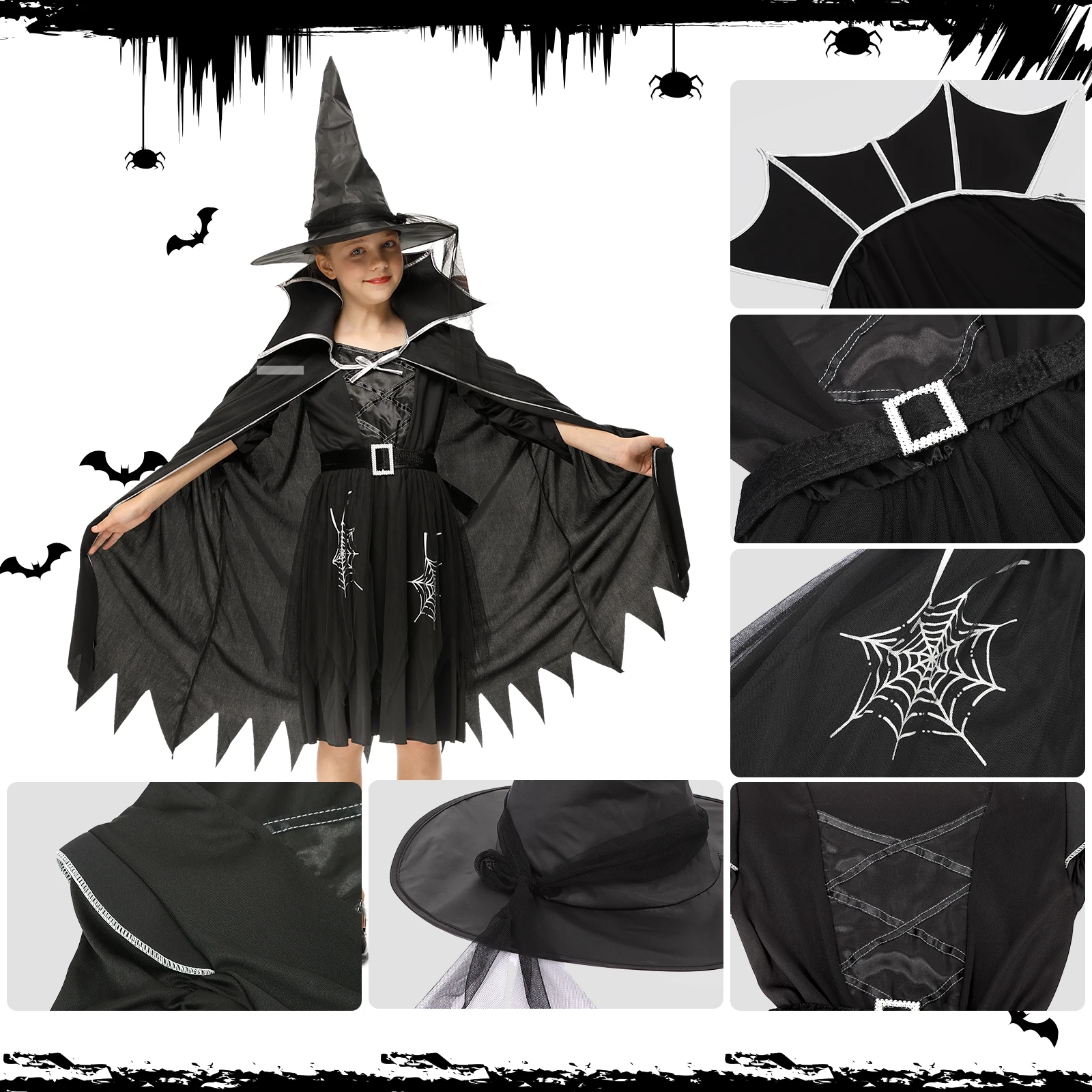 Girls Halloween Witch Costume Dress - Classic Black Fairytale Outfit for Kids, Dress-Up Role Play for Parties & Pretend Play view 5