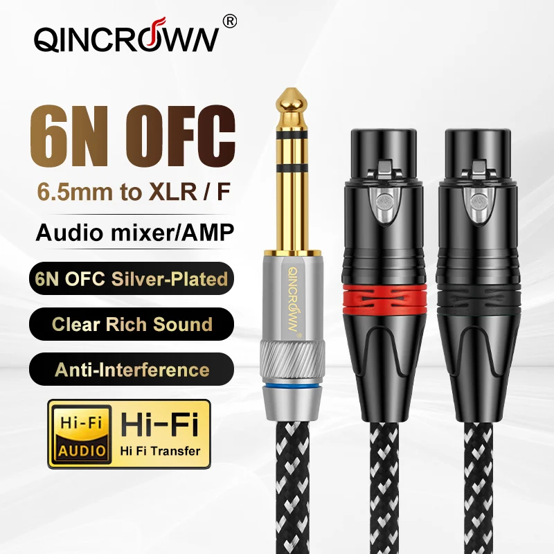 QINCROWN 6.35mm to 2XLR Splitter Cable, 6N Silver-Plated OFC Pure Copper Shield HiFi Audiophile for Mixer Amp Pro Audio Gear