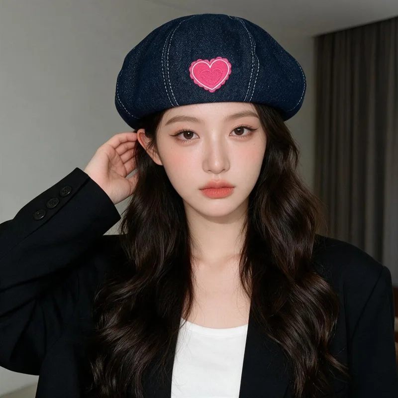 Womens Cute Denim Beret Hat Heart Patch Pearl Bow Decor Summer Sweet Fashion All Match Painter Cap Face Slimming Casual Headwear