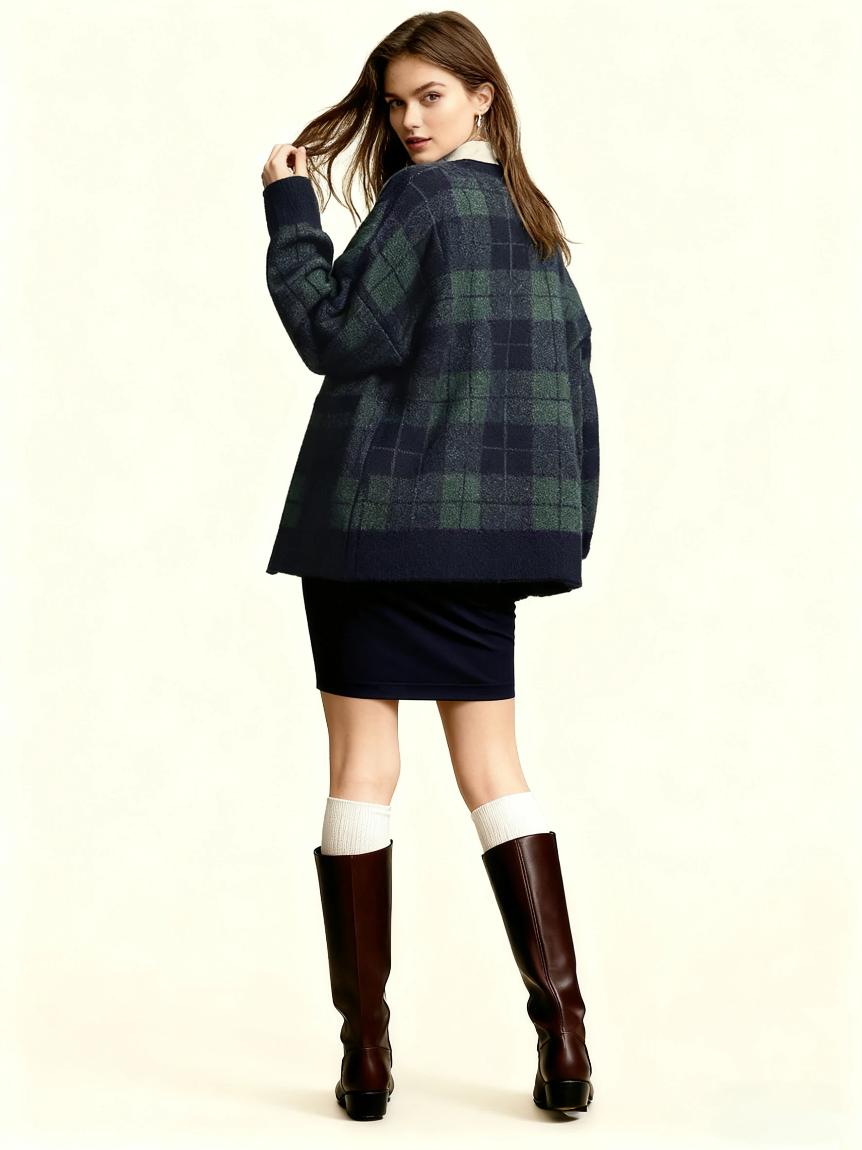 

Женский темно-зеленый клетчатый кардиган на пуговицах, вязаный свитер, куртка с золотыми пуговицами, передний карман, повседневный свободный свитер средней длины