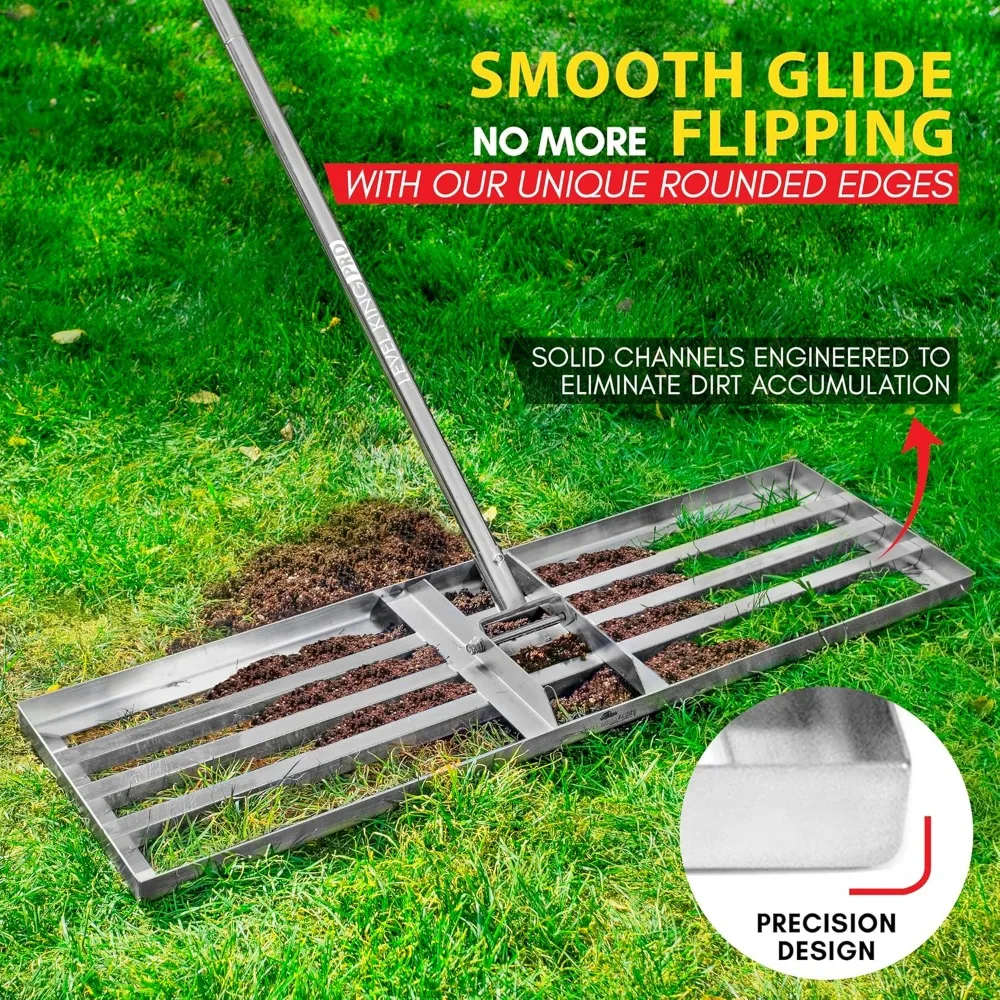 أداة تسوية العشب شديدة التحمل من الفولاذ المقاوم للصدأ 304 - أقصى قوة 76 بوصة عمود طويل جدًا - مشط تسوية الفناء لصياغة المروج الخالية من العيوب