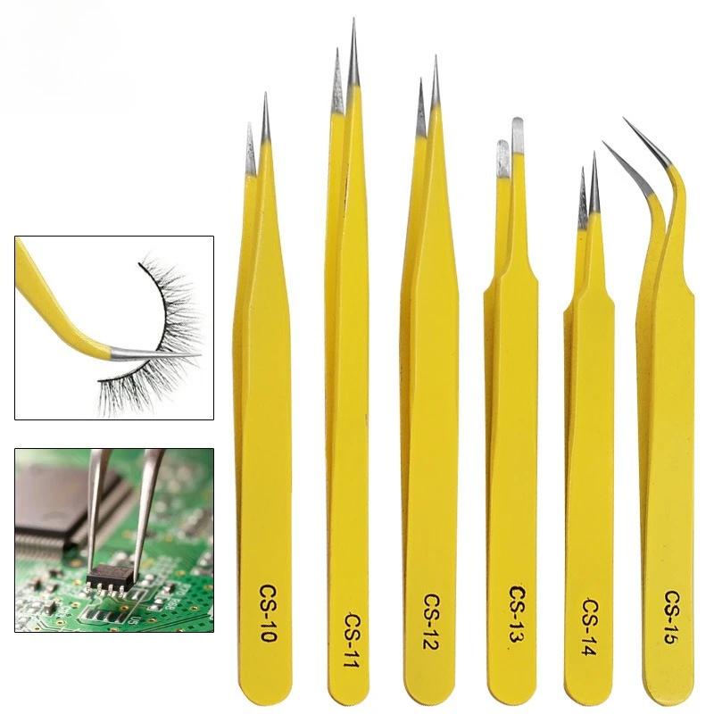 6 Kinds Stainless Steel Anti-static Tweezers Pointed Tip Tweezers Set for Cell Phone PCB Soldering Repair Tool