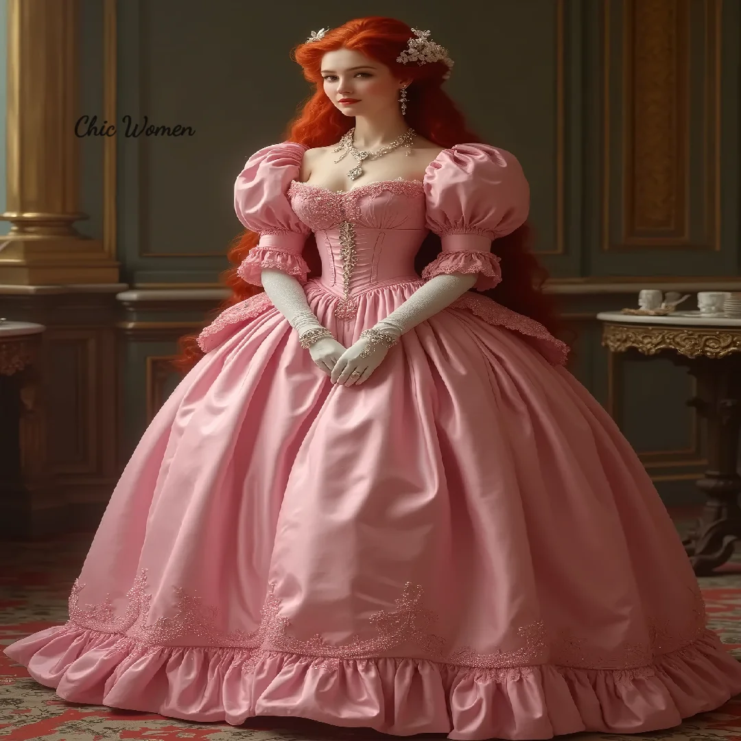 Розовое платье для выпускного вечера в стиле герцогини 1860-х годов с кружевом, средневековые пышные рукава, очаровательное вечернее платье, косплей, вечеринка Золушки по индивидуальному заказу