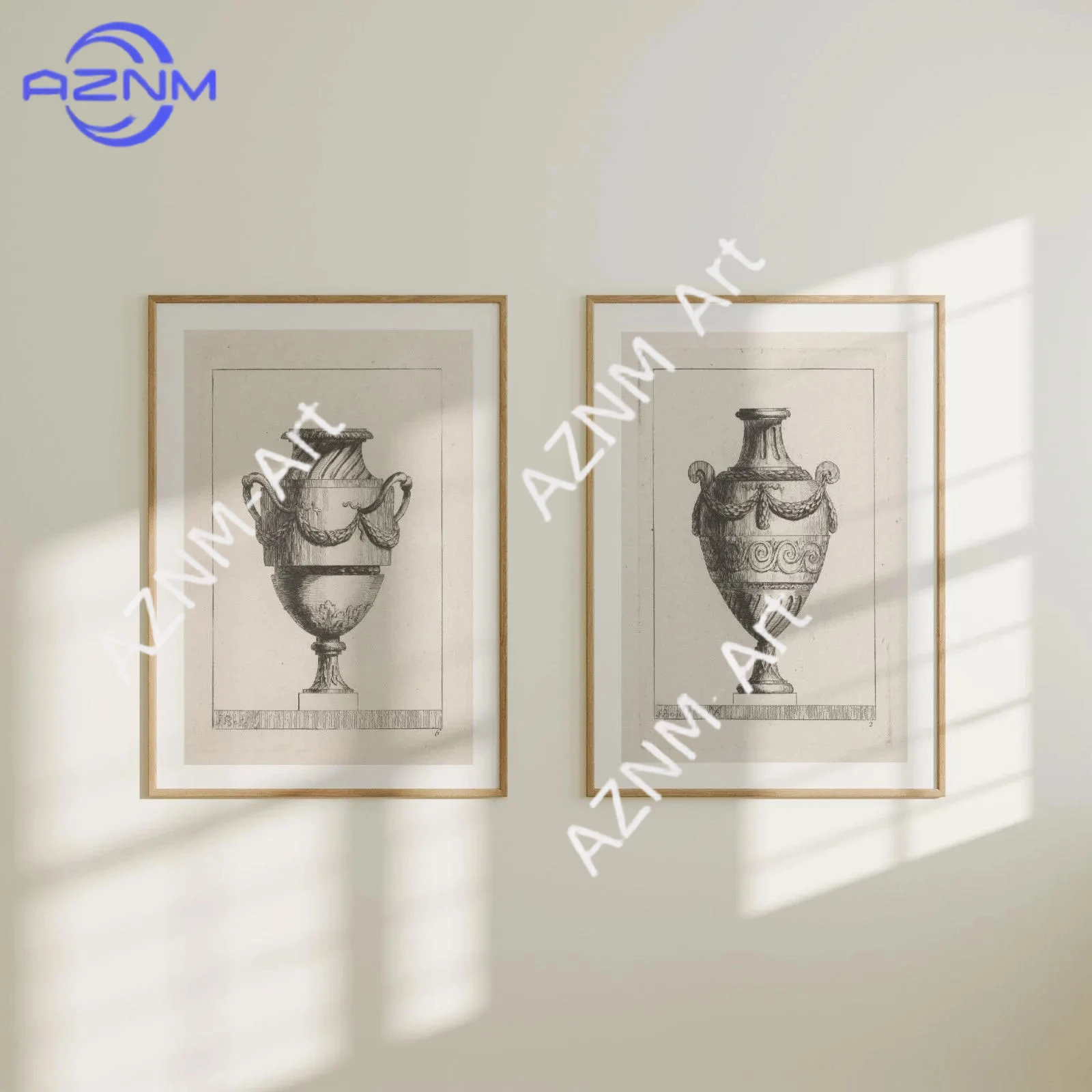 1/2Pcs Set of 2 Marble Vase Etching Prints | Two Vintage Architecture Pictures, Roman Design Drawing Wall Art, Home Decor
