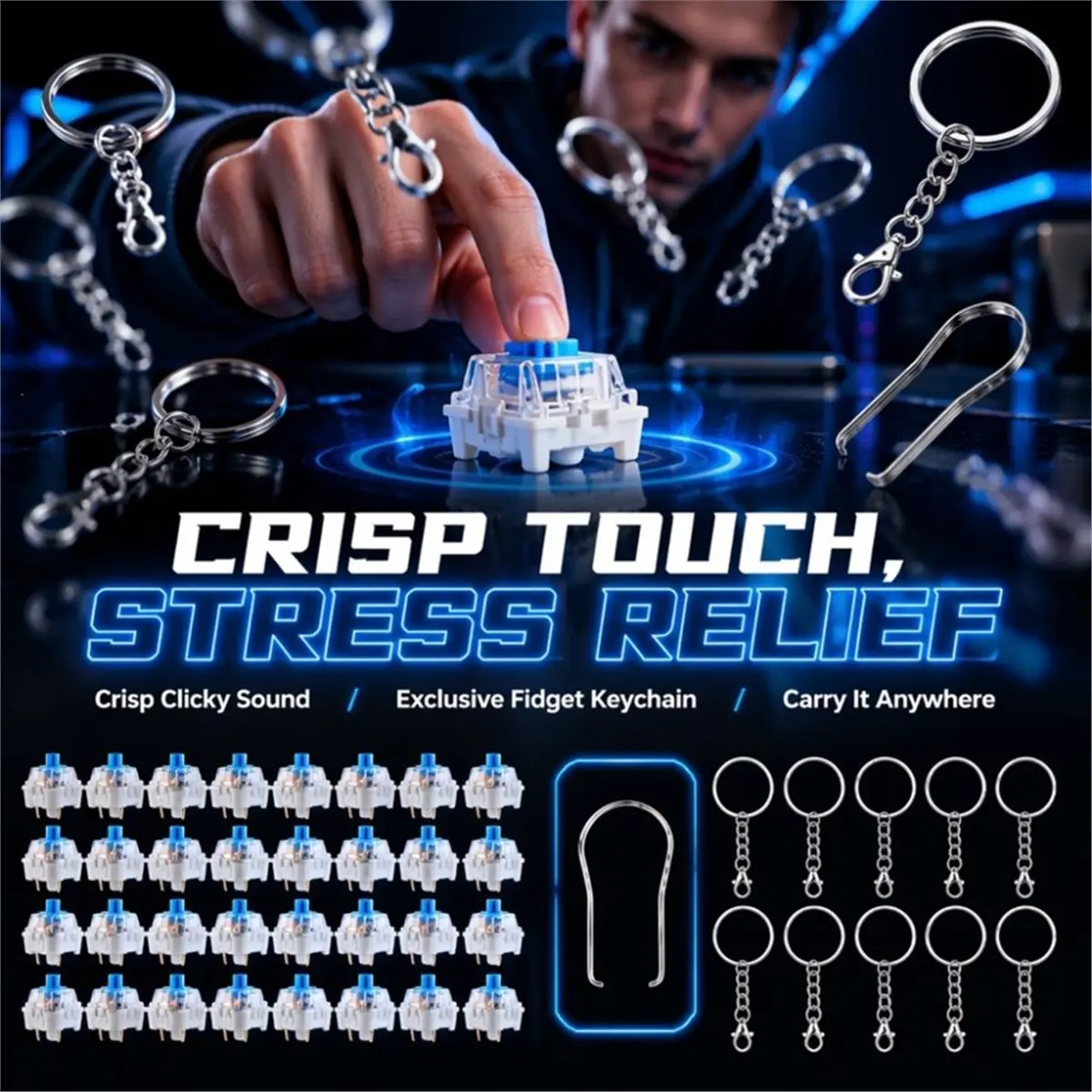 60PCS Mechanical Keyboard Switches 3 Pin Blue Clicky Switches with Puller and 15 Keychains for 3D Printed Fidget