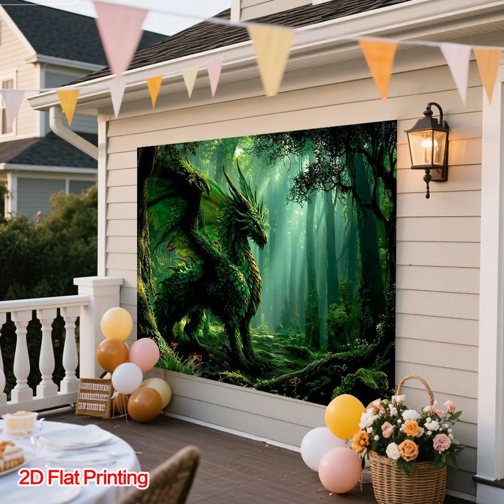 Green Forest Dragon Fantasy Nature Landscape Magic 2D Flat Tapestry Backdrop For Game Room Decor Mythical Wall Hanging Art Print