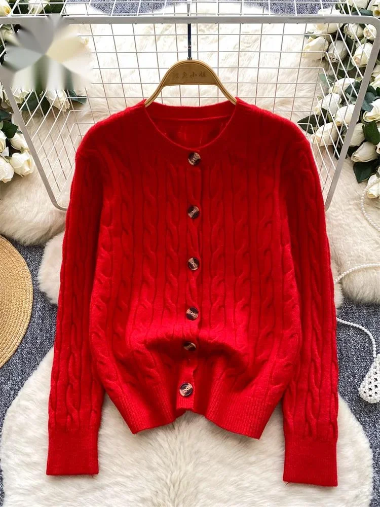 

Female Autumn Christmas Sweater Soft O Neck Long Sleeve Buttons Simple Tops Twist Drill Warm Knitting Cardigan