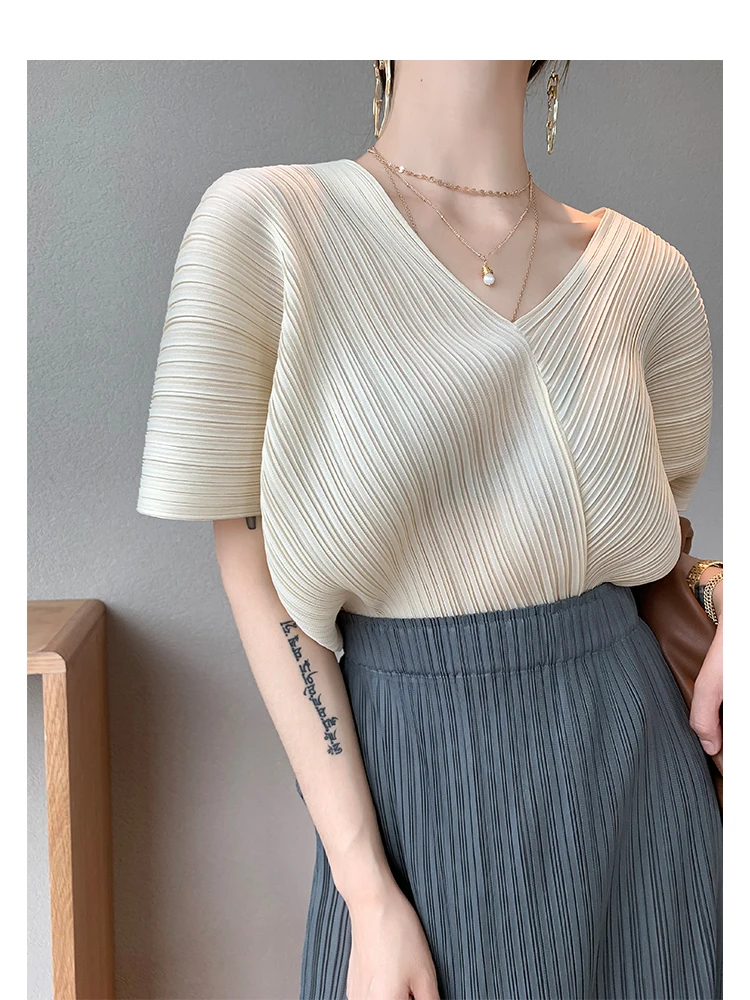 

Женская летняя блузка Xie Chouchou Faion из плиссированного шифона с коротким рукавом, свободного кроя, с V-образным вырезом, однотонная