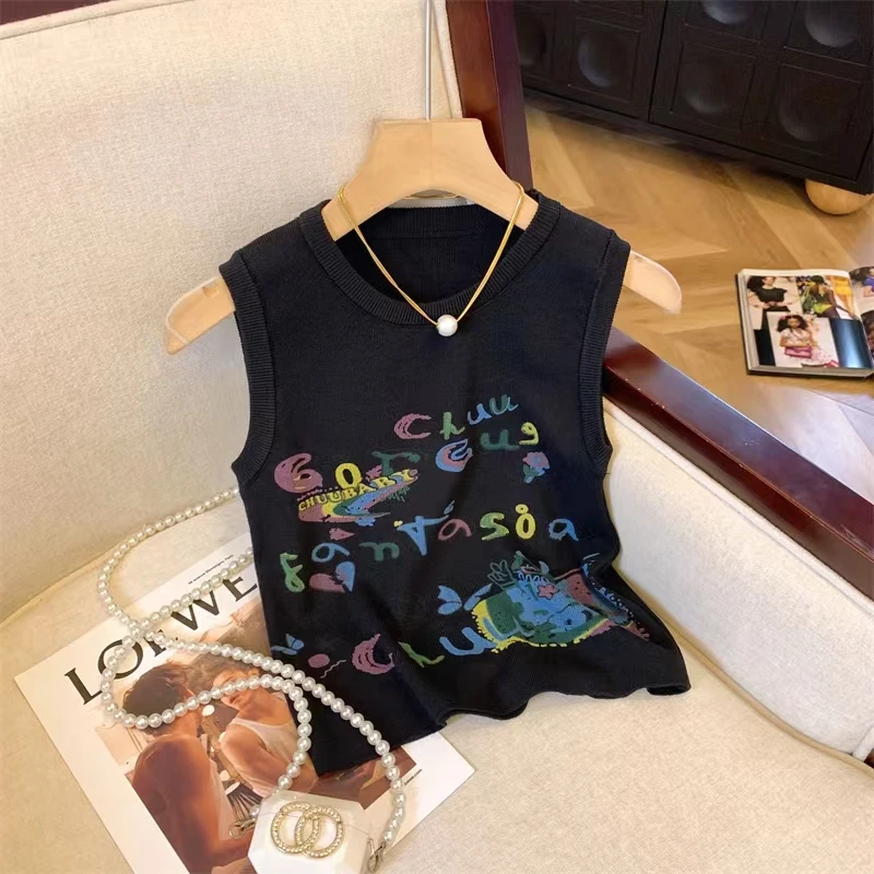 Letters Printed Knit Sweater Vests Women Sexy Slim Crop Tops Knitwear 2024 Summer Sleeveless O-neck Fashion Stylish Jumpers