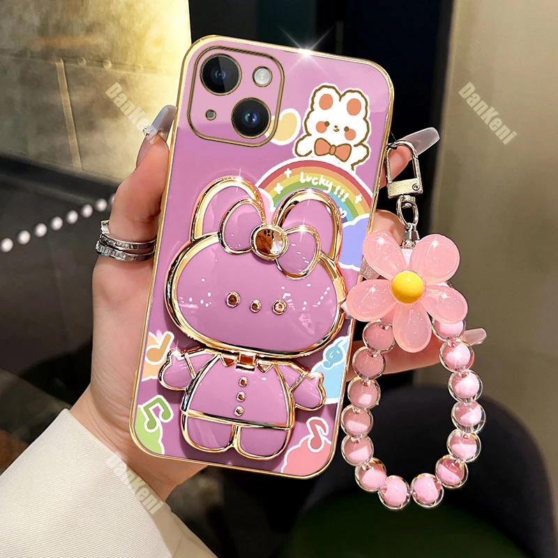 13 14 Lucky Rabbit Holder Bracelet Plating Phone Case For iPhone 13 14 12 15 Pro Max Mini 15 14 Plus XS XSMax XR X Cover