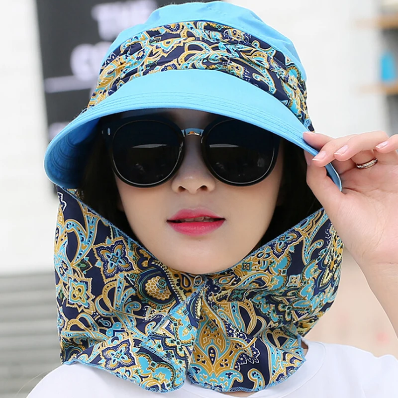 Women Anti-UV Sun Hat Beach Foldable Sunscreen Floral Print Caps Neck Face Care Wide Brim Hat New Summer Outdoor Riding