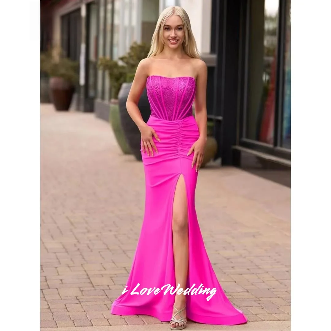 

Hot Pink Strapless Evening Dress 2025 Sleeveless Beaded Mermaid Backless Side Split Floor-Length Pleated Party Dress Customized