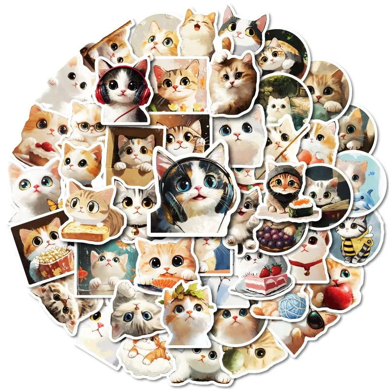 50pcs Cartoon Oil Painting Kitten Laptop Suitcase Desk Wardrobe Skateboard Children Creative Decoration Waterproof Stickers