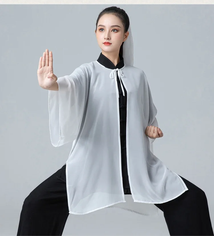 Velo de gasa para traje de Tai chi, uniforme de taiji, wushu, ropa de kungfu para mujeres y hombres, competición flotante, práctica de rendimiento