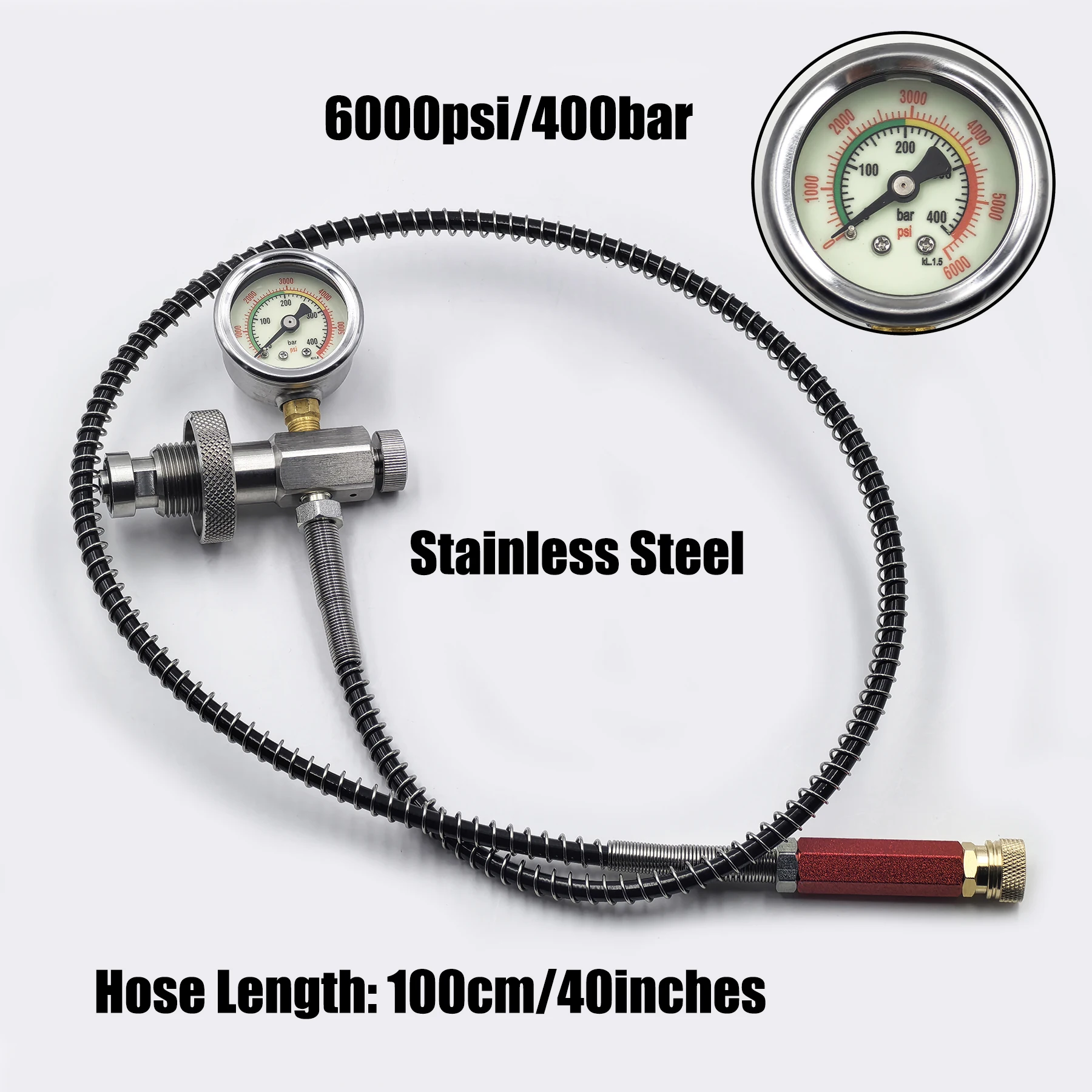 Adattatore di ricarica per stazione di riempimento HPA Scuba Diving grande con tubo da 100 cm/40 pollici Calibro 6000psi/400bar Connettore DIN Connettore DIN