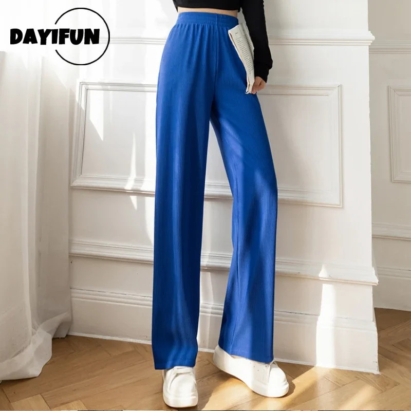 

DAYIFUN Female Trousers 2022 Basic Elastic Waist Wide Leg Pants for Women Korean Style Casual Cool Blue White Long Pants Female