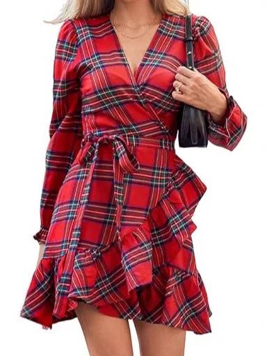 Abito casual scozzese con scollo a V Manica a palloncino con volant Orlo con cintura Abito con cintura Cravatta in vita Abito fluido a trapezio Abiti midi Boho vintage