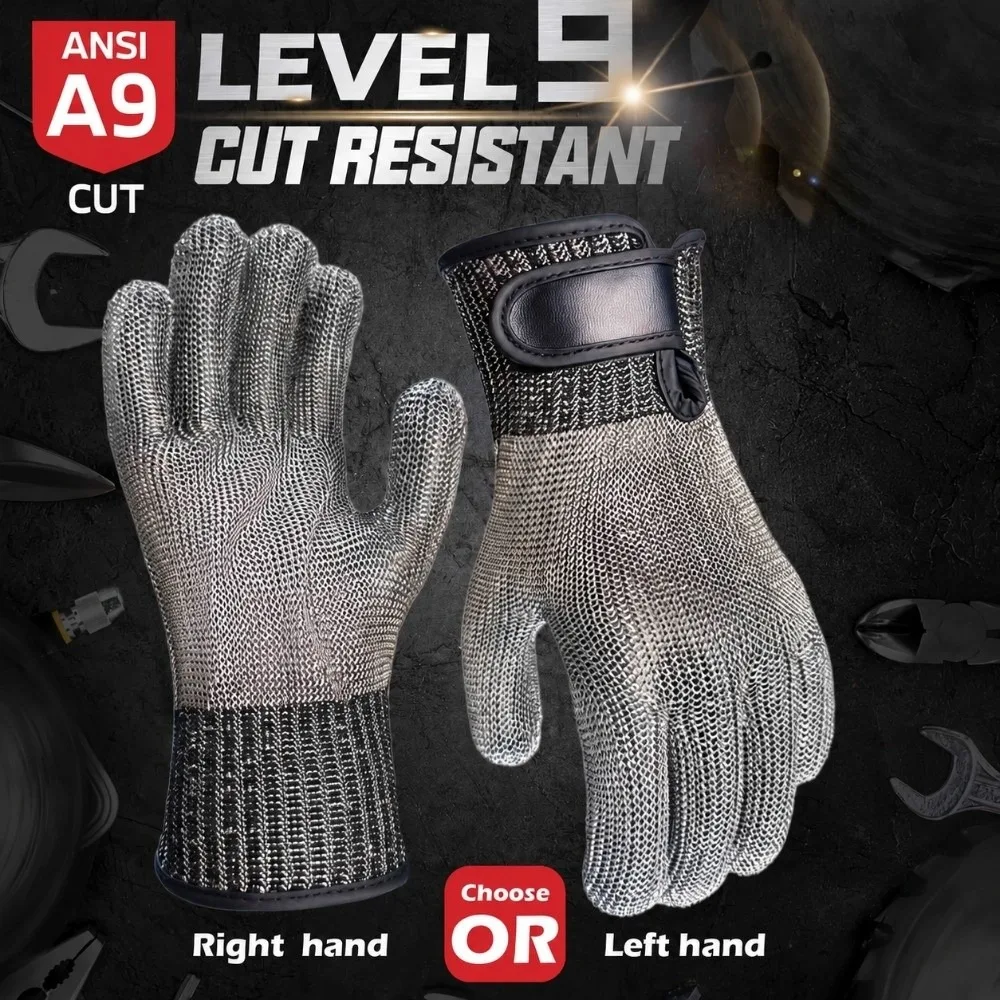 ANSI A9 Cut Resistant Glove Protective Adjustable Strap Stainless Steel Mesh Glove Elastic Nylon Liner Safety Work Glove