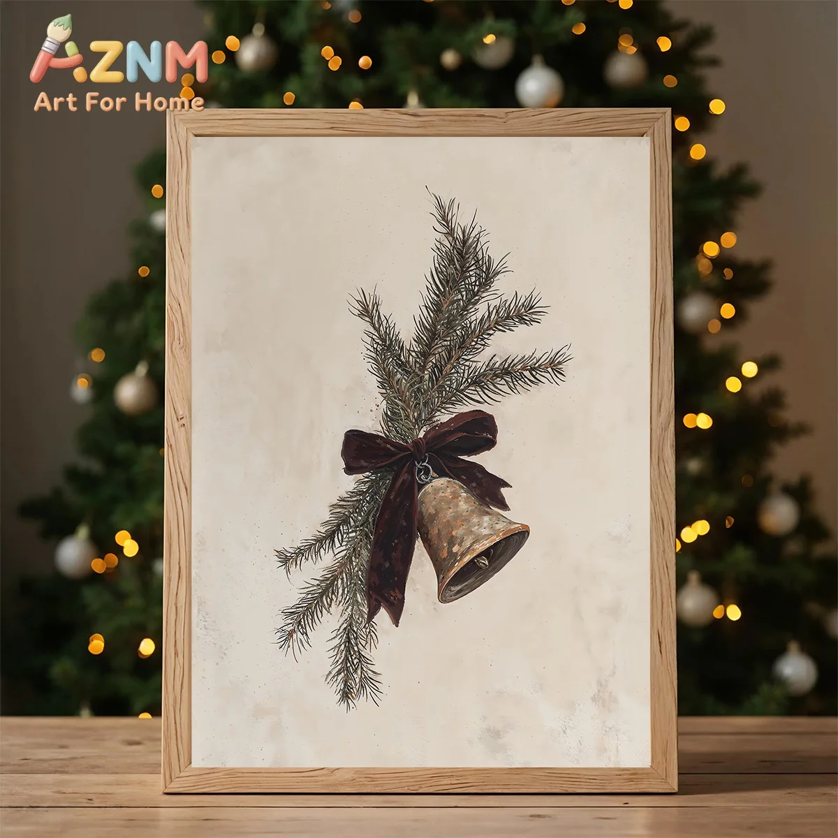 AZNM Vintage Christmas Bell Pine Branch Bow Canvas Wall Art, Farmhouse Winter Holiday Frameless Canvas Print Poster for Home Ind