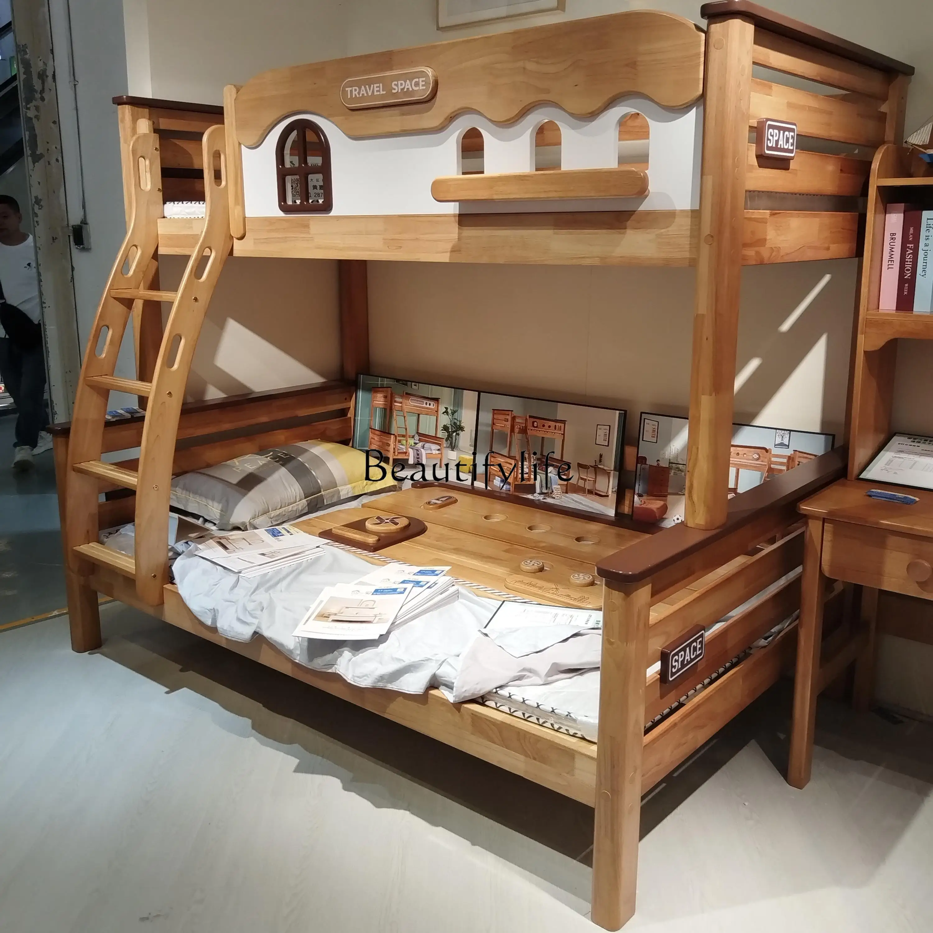 

Pure solid wood upper and lower bunk beds Small apartment tree house double high and low beds