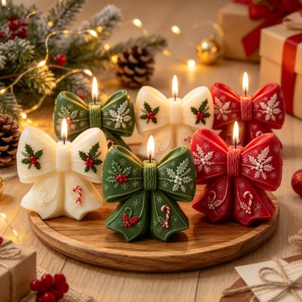 3D Christmas Bow Holly Silicone Candle Mold - Holly Snowflake Bow Scented Candle Clay Soy Wax Mold