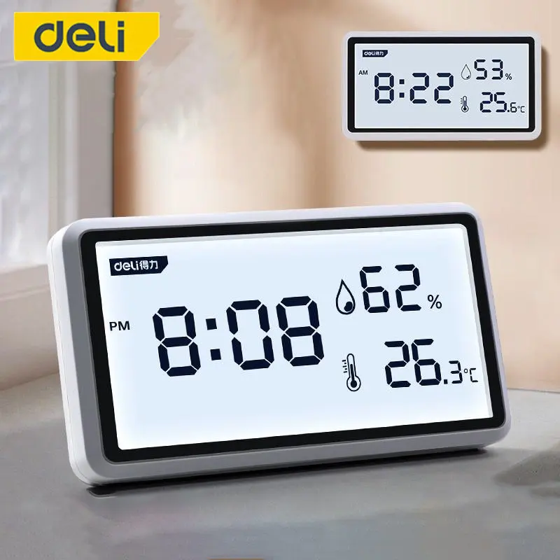 Xiaomi Deli Electronic Thermometer Hygrometer Weather Station High Precision with Table Clock Function Hanging Digital Display