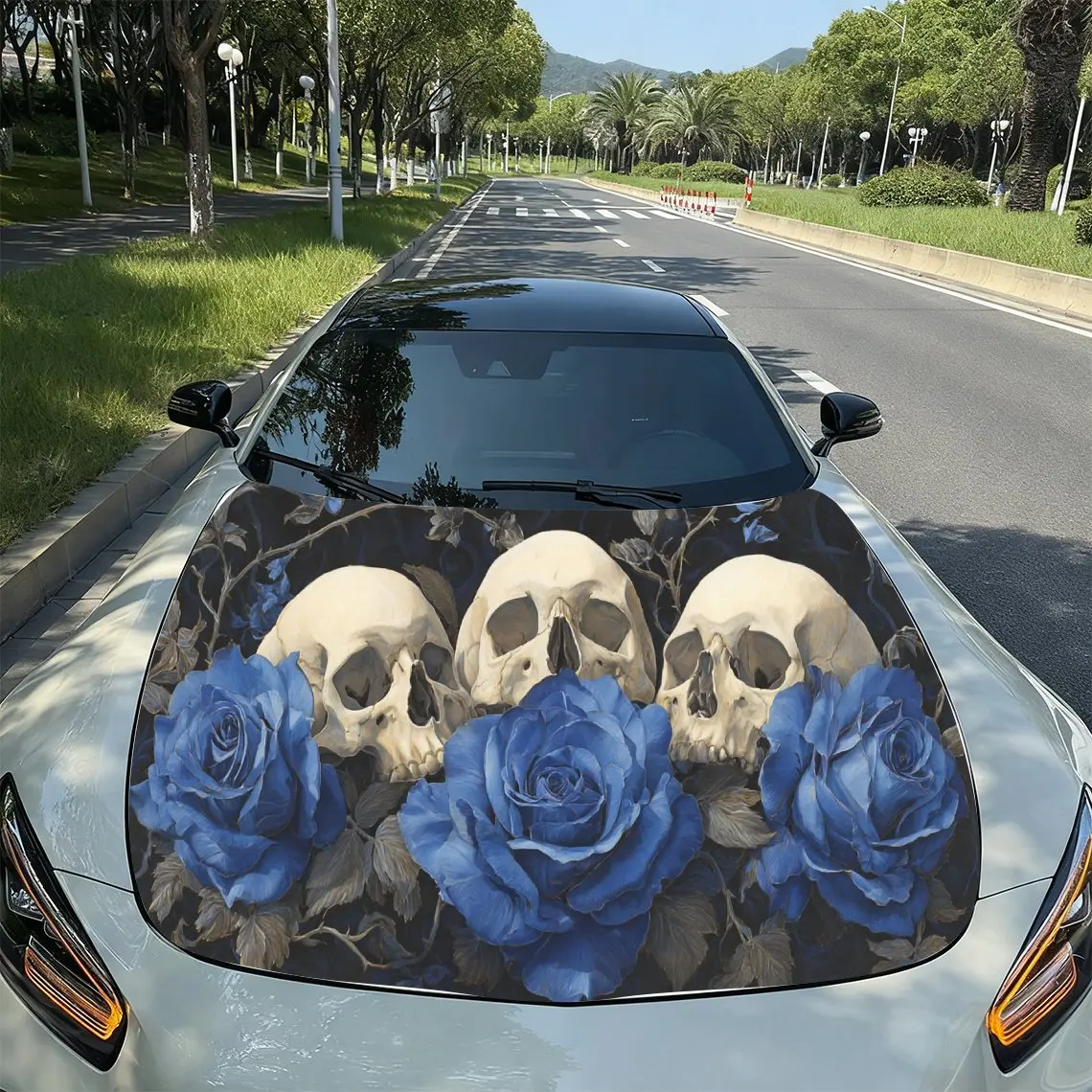 

Dark Blue Rose Skull Gothic Trend PVC Car Hood Wraps, Self-Adhesive Waterproof Car Bonnet Decal Sticker, Car Decoration Protecti