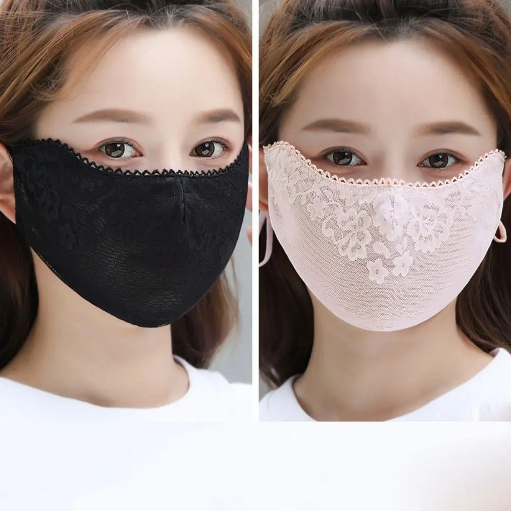 Solid Color Sunscreen Lace Mask Flower Hanging Ear Sunscreen Face Cover Sunshade Adjustable Strap UV Protection Mask Women