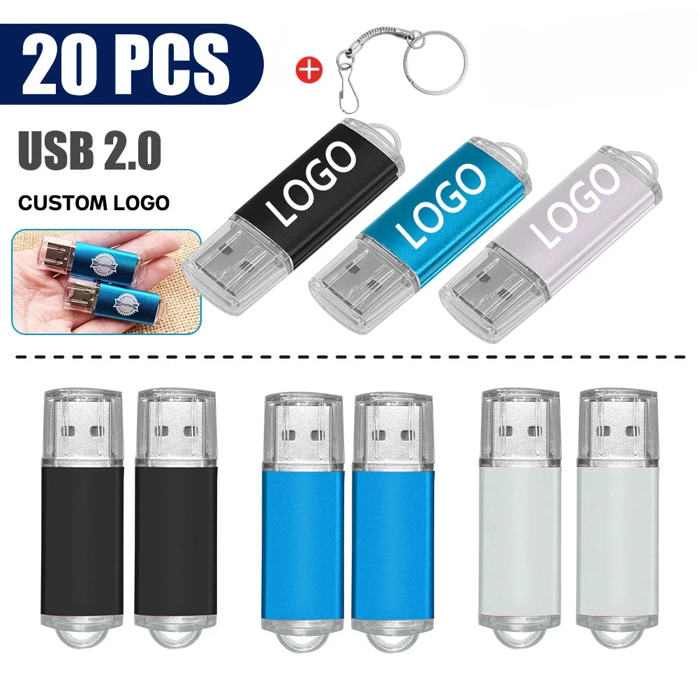 20Pcs/lot Custom Logo Metal Pendrive 128GB USB Flash Drive 1GB 4GB 8GB 16GB Storage Stick Gifts Memory Key Waterproof U disk