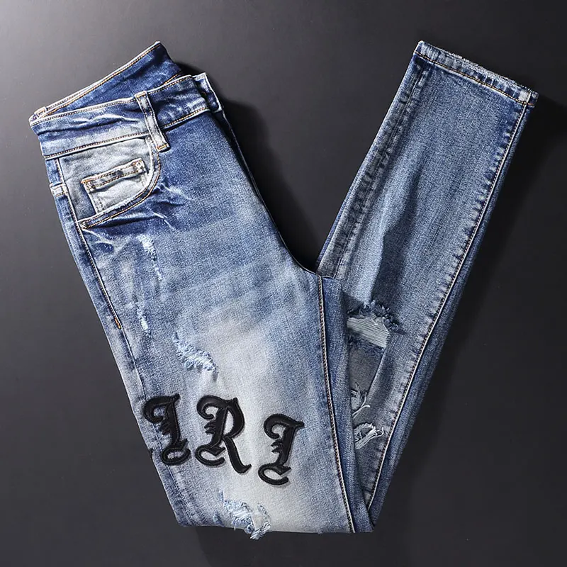 

Street Style Fashion Men Jeans Retro Blue Elastic Slim Fit Destroyed Hole Ripped Jeans Men Patch Designer Hip Hop Denim Pants