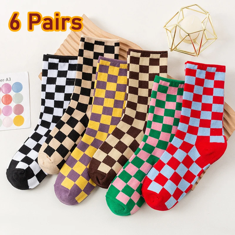 6 Pairs Women Socks Geometric Checkered Harajuku Trend Checkerboard Socks Men Hip Hop Cotton Unisex Versatile Slouch Socks