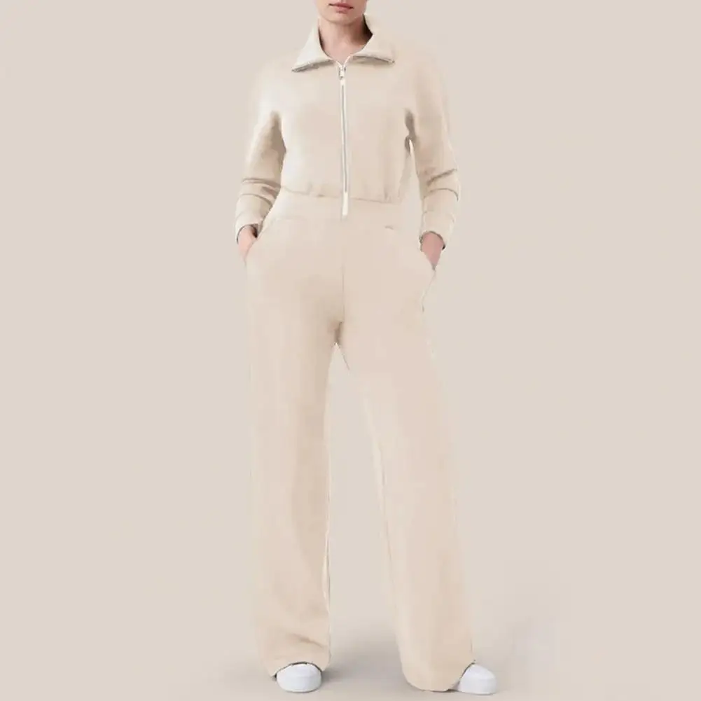 Jumpsuit kaki lebar, Jumpsuit nyaman ritsleting kerah untuk wanita warna Solid lengan tanggung kaki lebar dengan saku musim gugur musim dingin