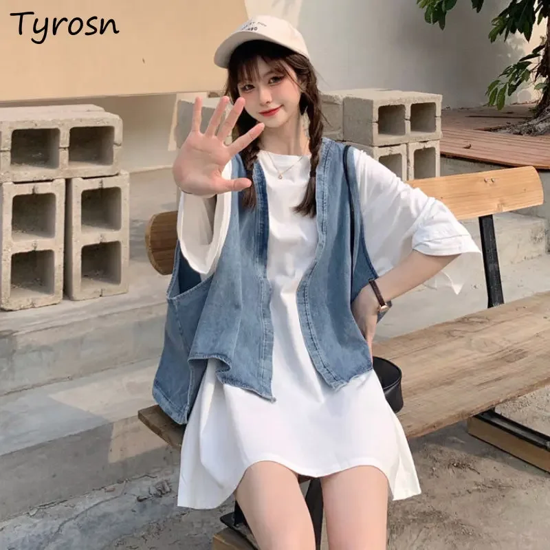 الدنيم سترة تي شيرت مجموعات النساء أزياء الصيف تصميم فضفاض الترفيه بسيط الطلاب كل مباراة اليومية الكورية نمط الصلبة الكلاسيكية الجديدة