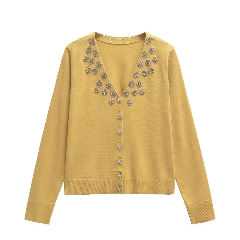 Cardigan giallo da donna a maniche lunghe con diamanti gioielli con scollo a V cardigan in maglia maglione autunnale da donna maglieria maglioni accoglienti