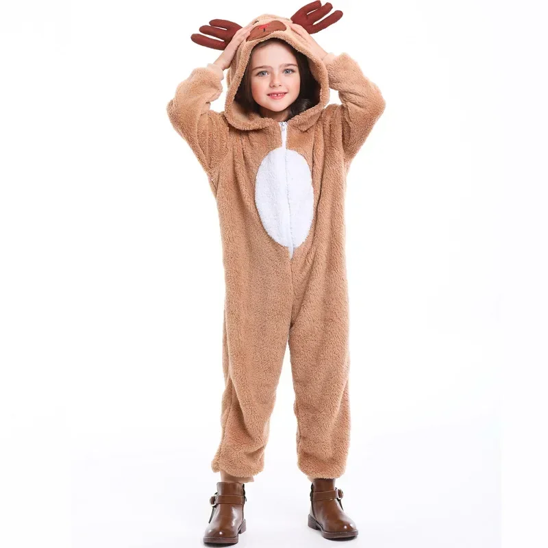 Cute Reindeer Animal Parent-Child Costume Christmas Elk Cosplay Hooded Jumpsuit For Women & Girl Coral Fleece Khaki Sleepwear