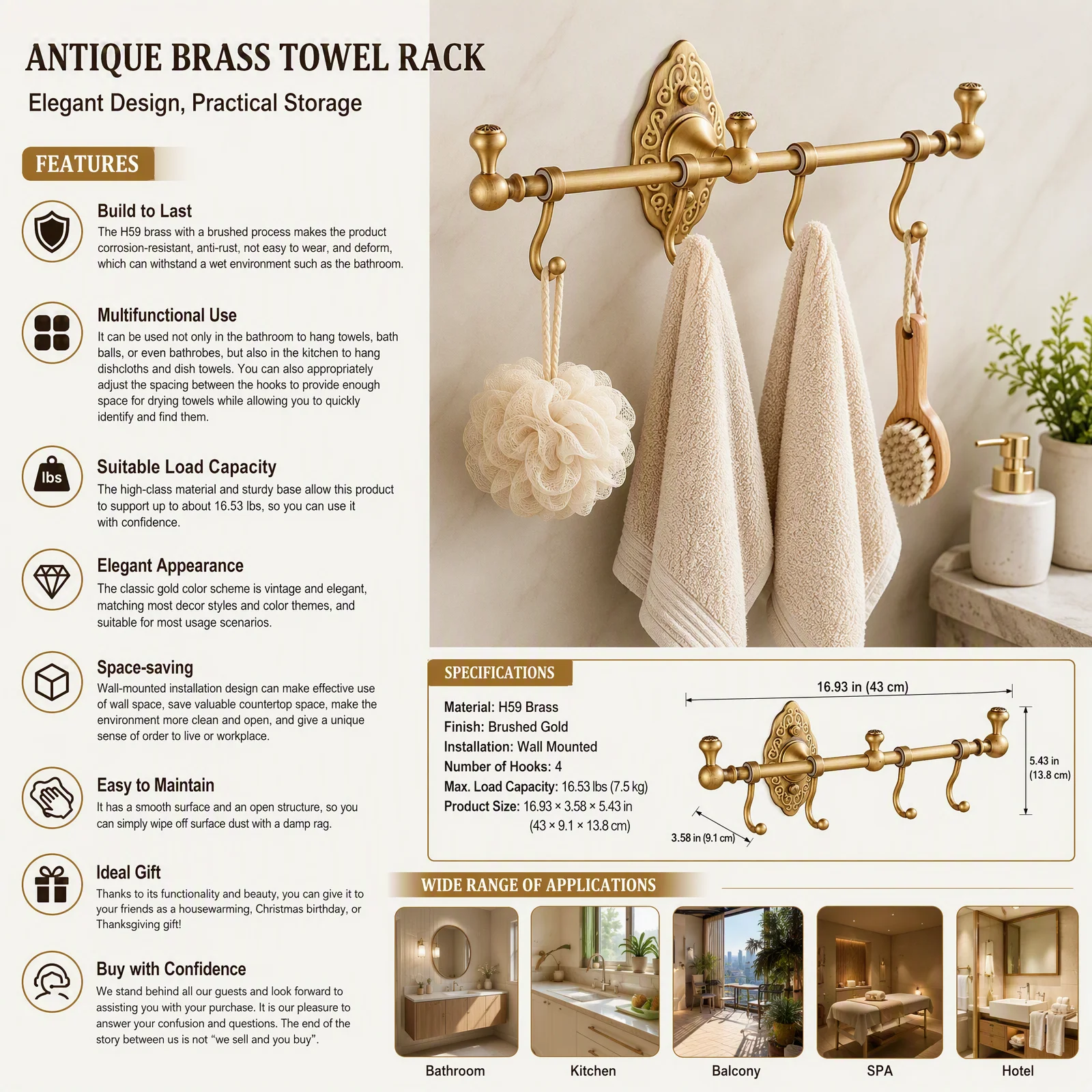 Wall Mounted Towel Rack Gold with 4 Hooks, H59 Brass Retro Bathroom Towel Holder with 16.53 lbs Capacity, Rust-Resistant Towel Bar for Bathroom Kitchen Hotel, Gold