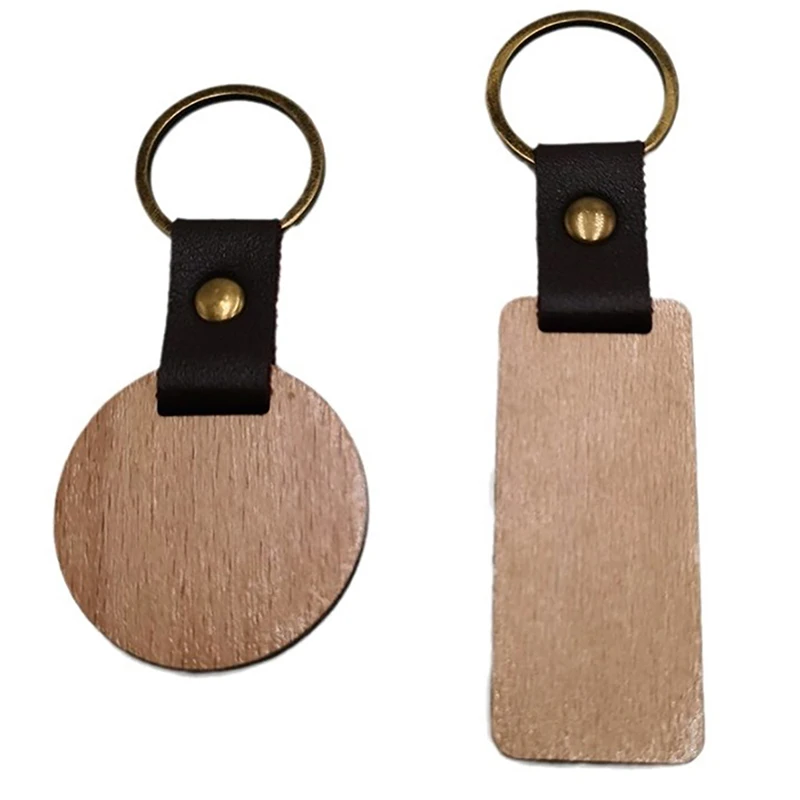10Pcs Blank Wood Keyring Personalised Round/Rectangle Keychain Wooden Pu Leather Key Chain Jewelry For Friend