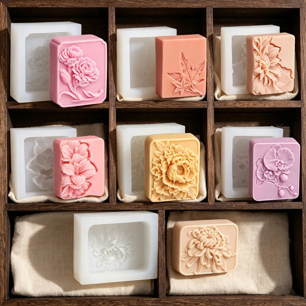 Molde de Silicona Cuadrado para Jabón con Forma de Flores Variadas: Clavel, Arce, Girasol, Hibisco, Margarita, Peonía, Orquídea Phalaenopsis, Hecho a Mano