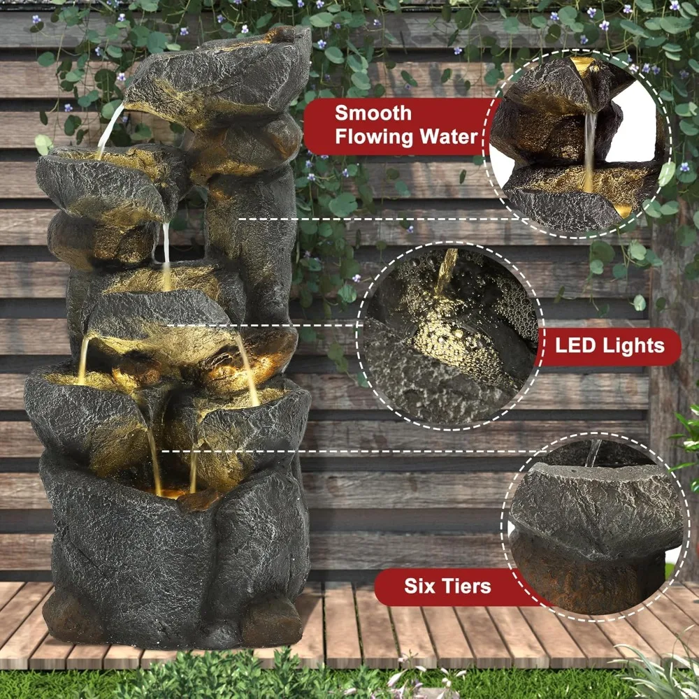 نافورة مياه خارجية متتالية من 6 طبقات مع 6 مصابيح LED، نافورة حديقة مع شلالات لحديقة المنزل والفناء والشرفة والبا