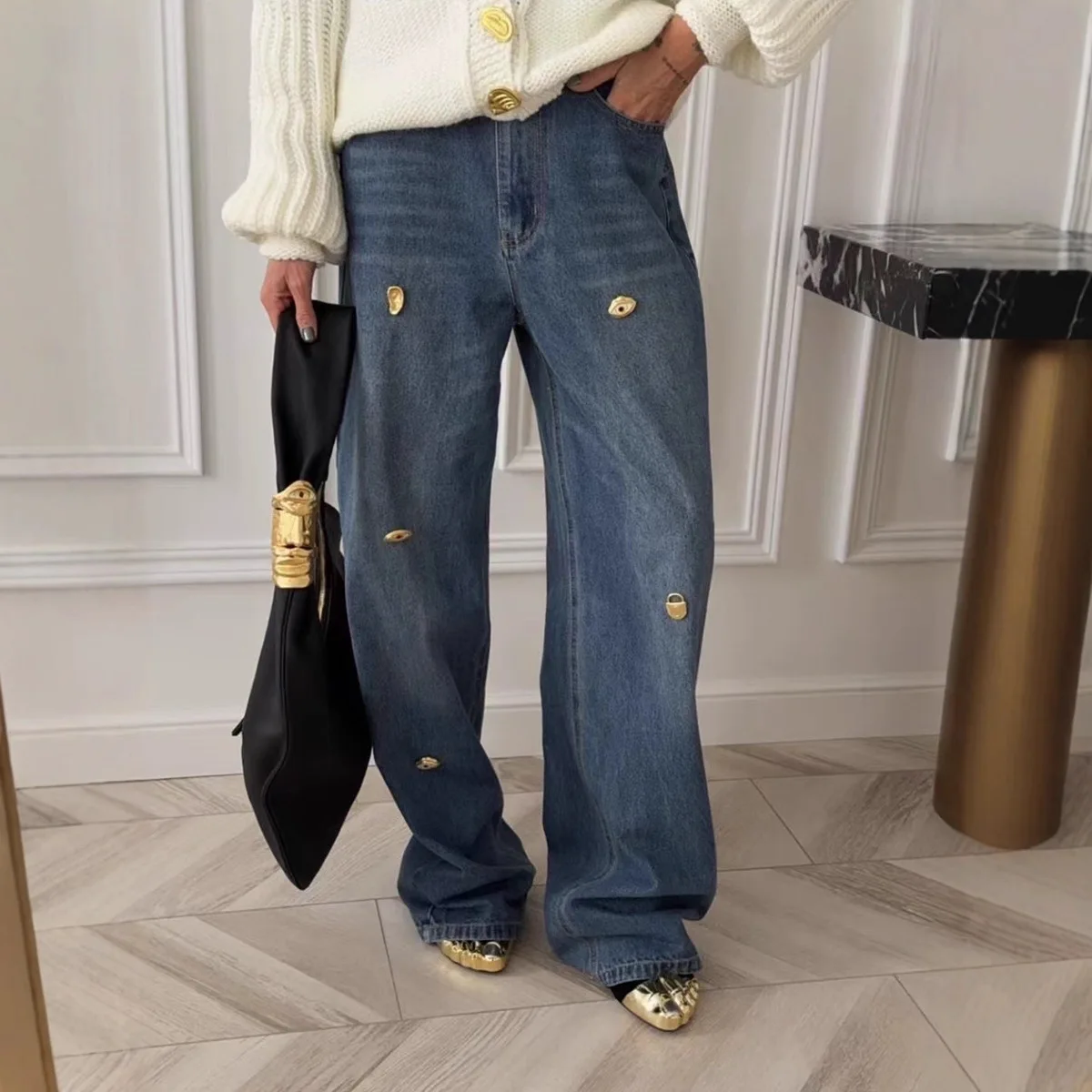 هاي ستريت النمط الفرنسي المعدني المزخرف الجينز السراويل الطويلة النساء خريف 2025 جديد ريترو فضفاض ومتعدد الاستخدامات الدينيم السراويل #5