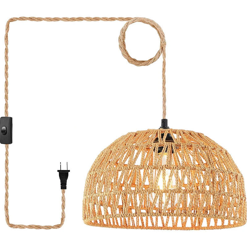 

Natural Hemp Rope E27 Hanging Lampshades for Decor Plug in Pendant Light Rattan Hanging Lights Apply for Bedroom Home Hotel