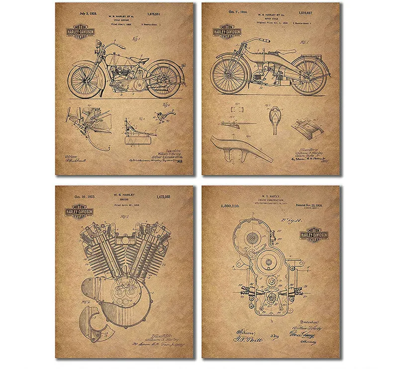 Motorcycle Design Sketch Poster Retro English Patent Figure Porch Study Bedroom Canvas Painting Man's Decor Living Room