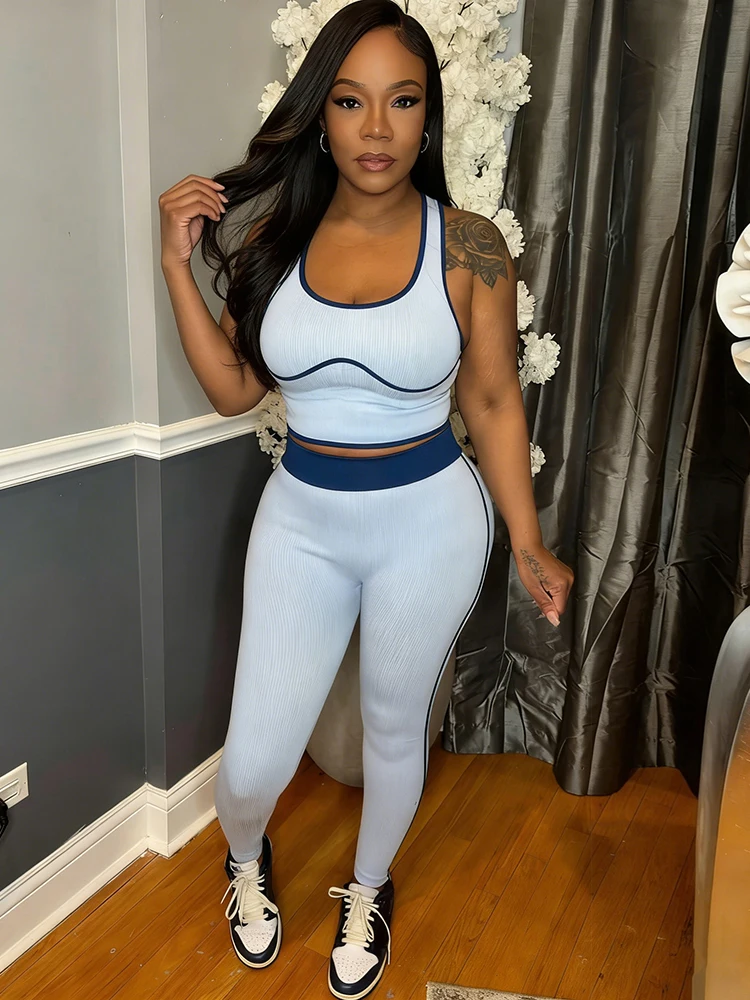 

Nibber Sporty Style 2 Piece Set Woman Lines Patchwork Summer Trend Low-Neck Sleeveless Crop Tops+Skinny Long Pants Casual Suits