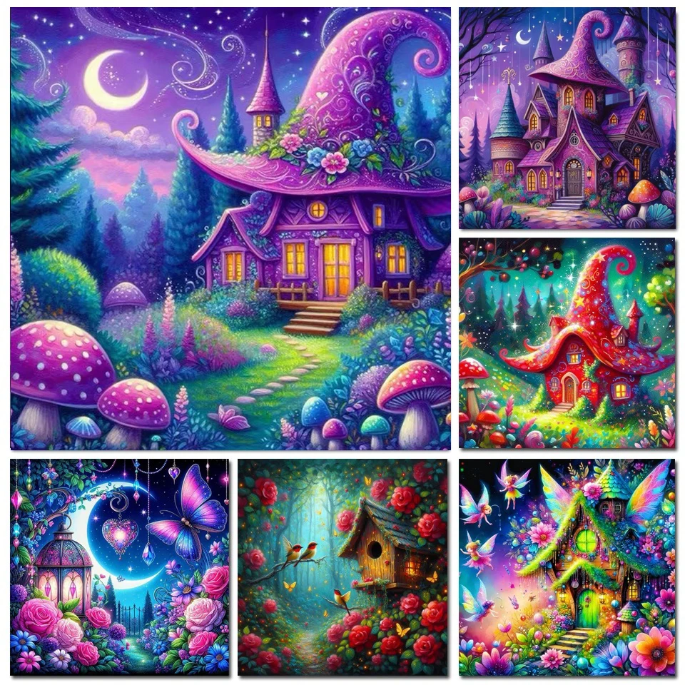 5D DIY Jewels Diamond Painting Mosaic Elf House Full Drills Diamond Embroidery Beautiful Mushroom Castle Landscape Pictures