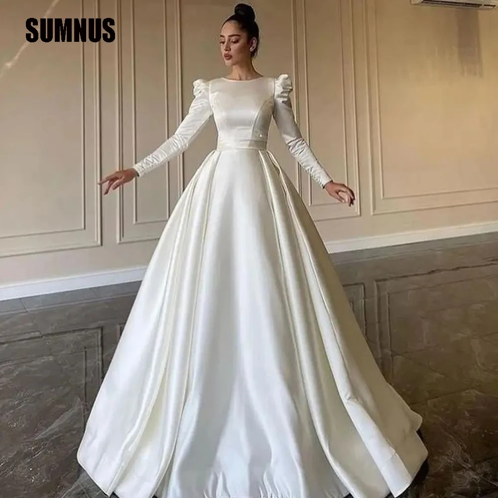 

SUMNUS White Thick Satin Long Wedding Dresses Full Sleeve Satin Bridesmaid Wedding Gowns Train A Line Dubai Israel Bride Dress