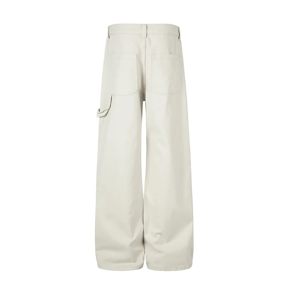 MWJLPWQ Cleanfit Solid Color Straight-Leg Denim Pants Men Street Fashion Workwear Patchwork Design Loose Wide Leg Trousers 20985