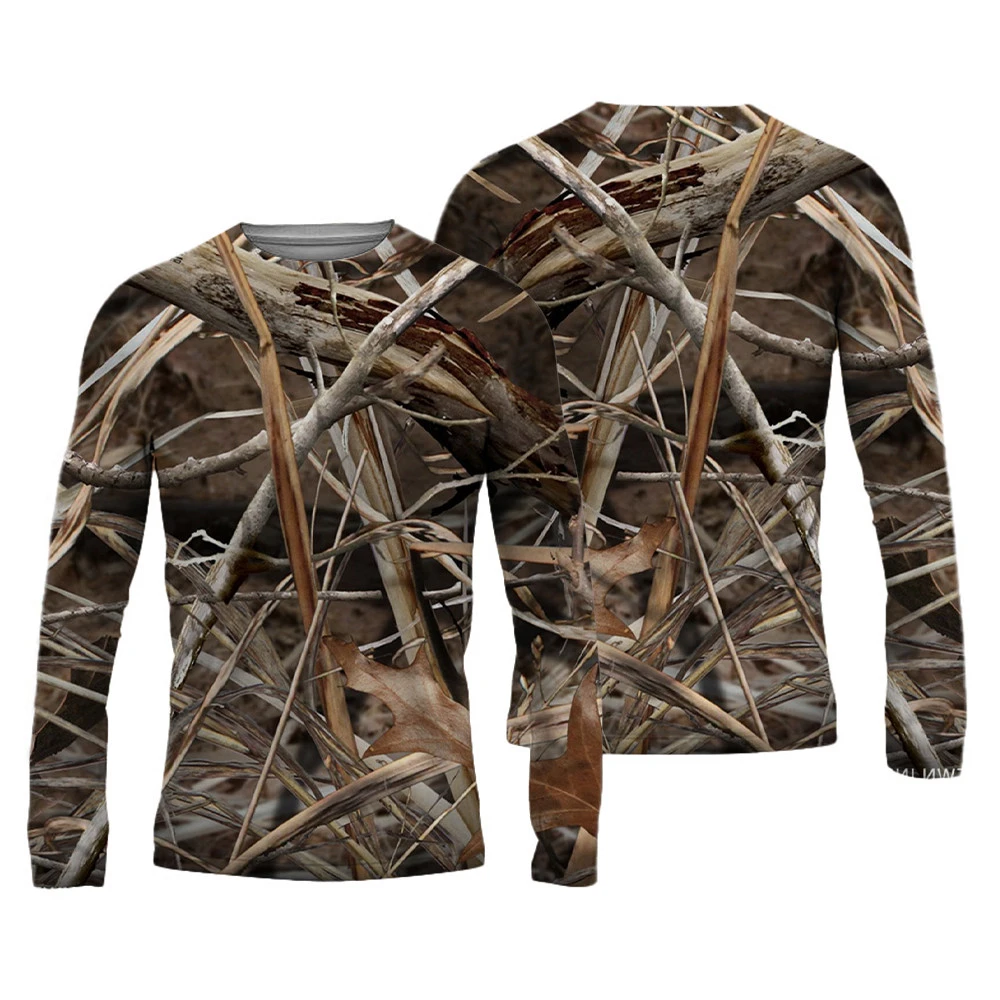 Men's Spring-Autumn 3DPrint Forest Leaves Camouflage Round-neck Quick-Dry Long-Sleeve Outdoor Leisure Retro Family Hiking TShirt