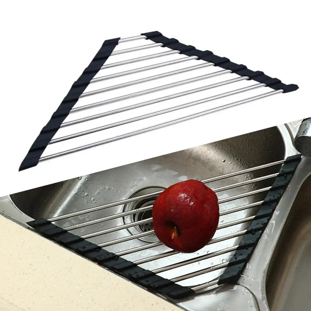 Triangle Roll-Up Dish Drying Rack Foldable Stainless Steel Over Sink Organizer Space Saving Kitchen Sink Corner Drainer Shelf