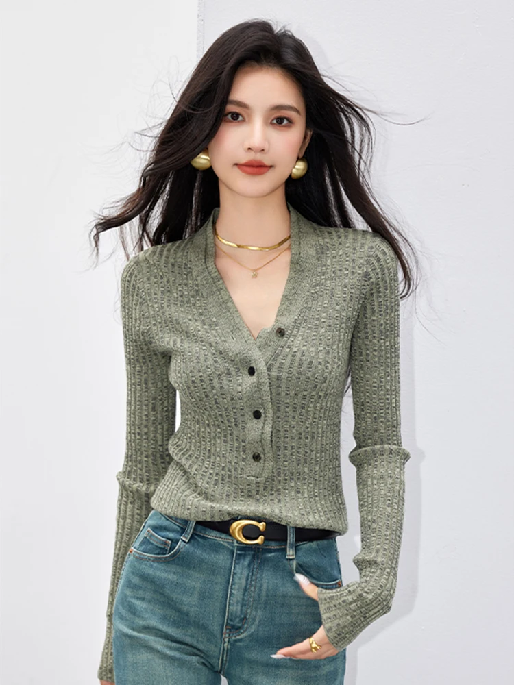 Autumn Winter Women Sweater Knitted Pullovers V-neck Slim Fit Bottoming Tops Solid Color Soft Knitwear Retro Basic Sweaters